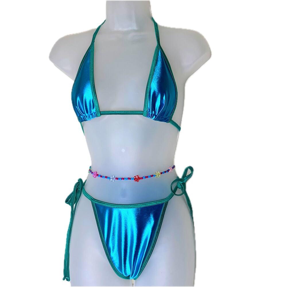 New Large Triangle Bikini with Waist Beads Charms Contrast Trim Micro Mini Beach
